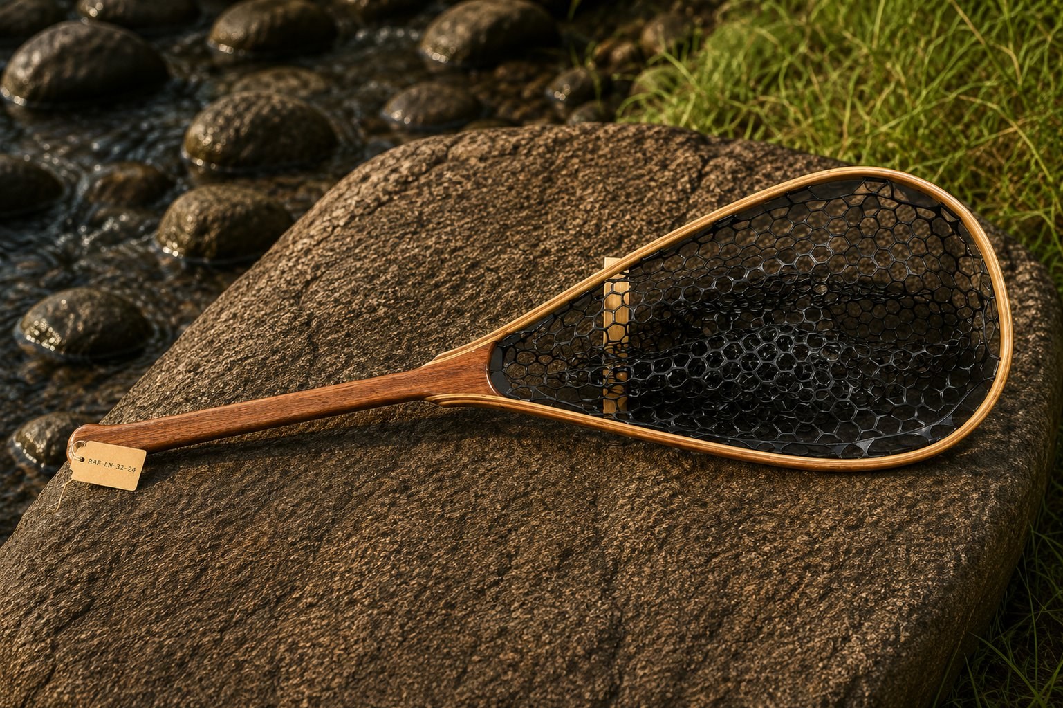 The Arkansas handmade deep landing net with black rubber bag