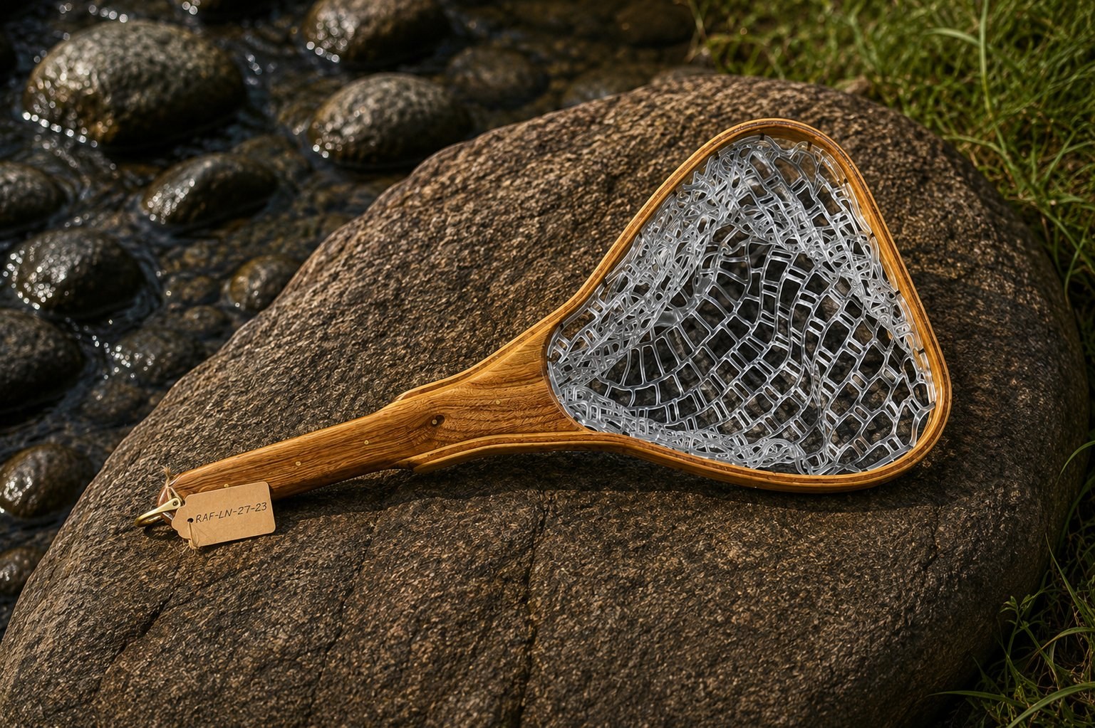 The Goodwin handmade landing net on a streamside rock