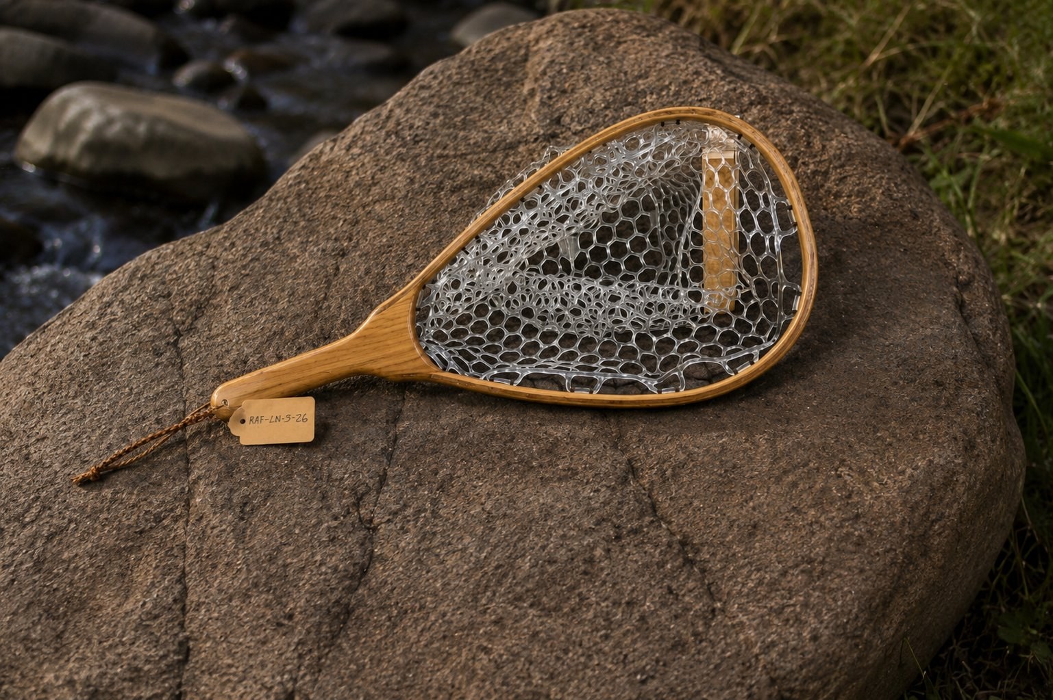 The Heirloom handmade compact landing net on a river rock