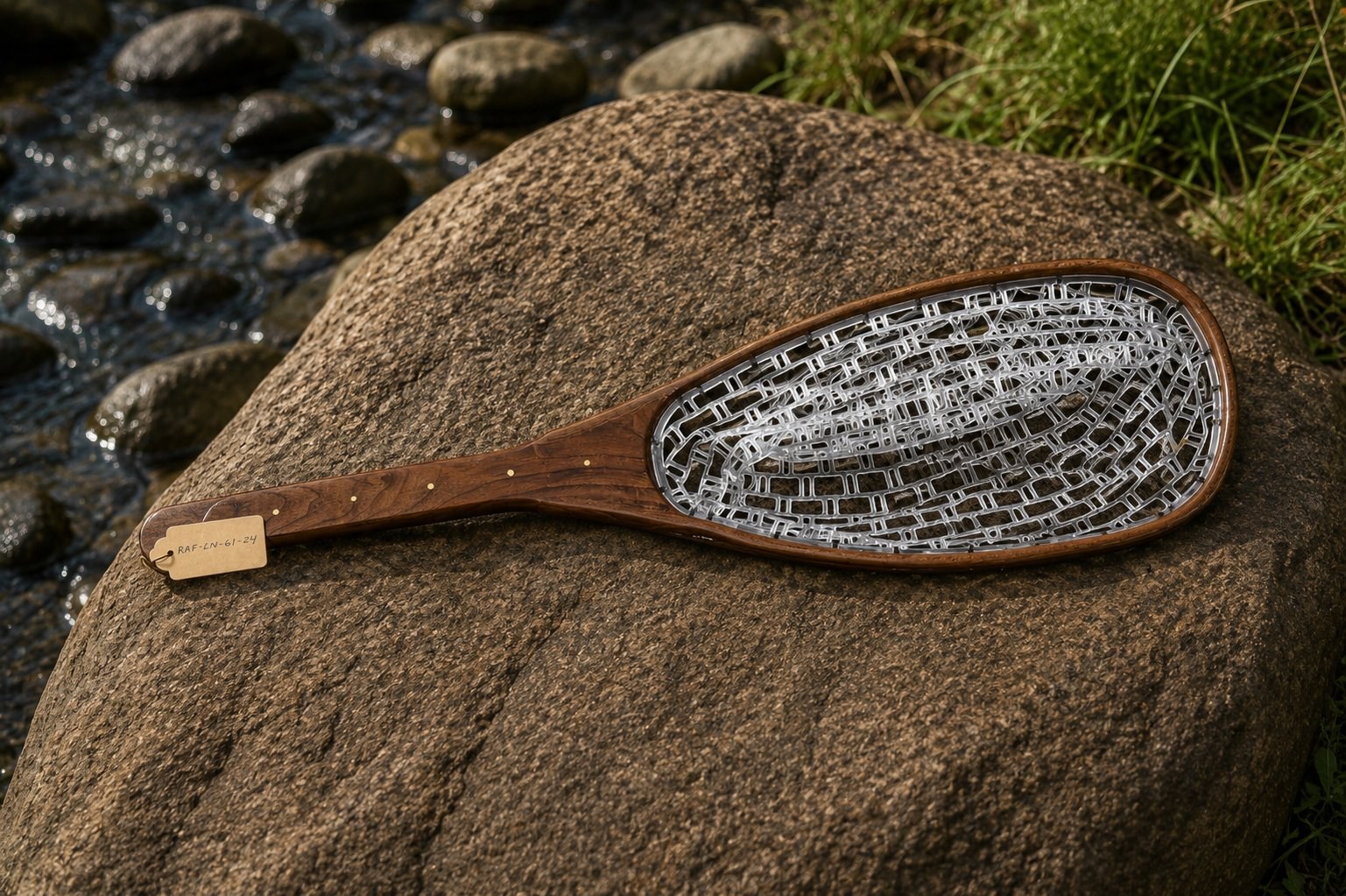 The Veteran handmade landing net with long walnut handle